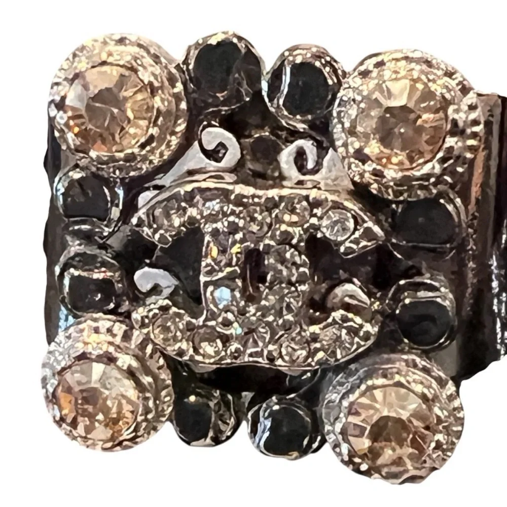 CHANEL Silver and Black Crystal Ring